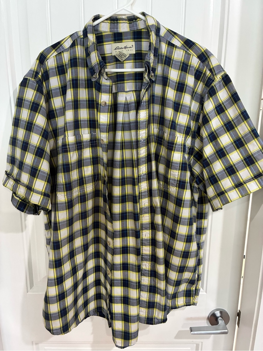 Eddie Bauer 100% Cotton Short-Sleeve Plaid Shirt - Yellow, Blue & White